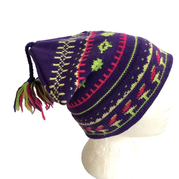 Aardvark Hat Beanie Toque Purple Green 100% Wool Nordic Style Ski Vintage - Picture 4 of 8